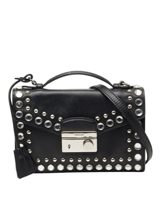 Prada Handbags - Prada Studded 2-Way Shoulder Bag Black Saffiano Leather Visual